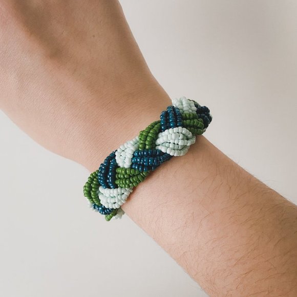 Unbranded Jewelry - Blue Green Large 8.5" Seed Bead Woven Braided Statement Glass Beaded Bracelet